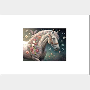 Horse with Flowers & Butterflies Posters and Art